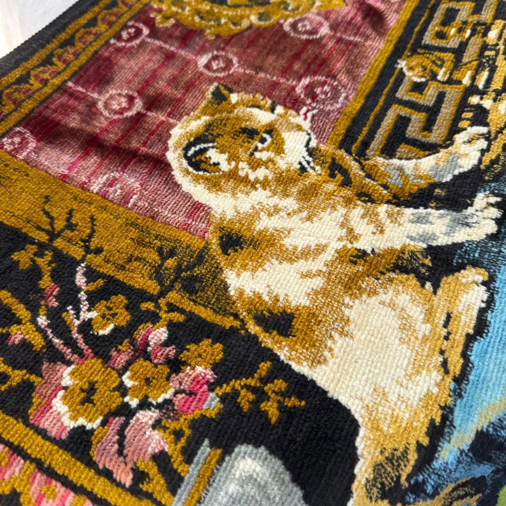 Vintage Mid-Century 1950s 60s Velvet Tapestry Frinhe Cats Playing Chess Wall Rug